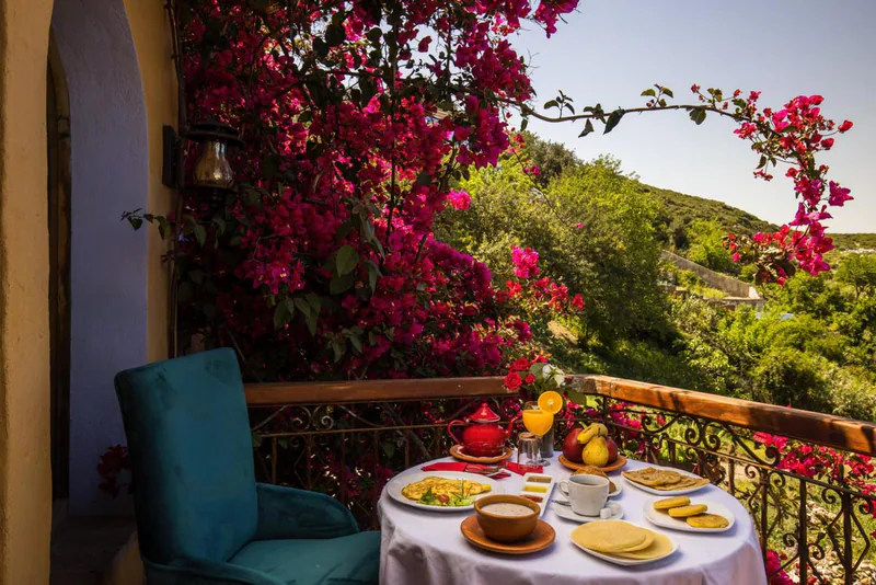 A breakfast table laid on a terrace beside bougainvillea, above the valley